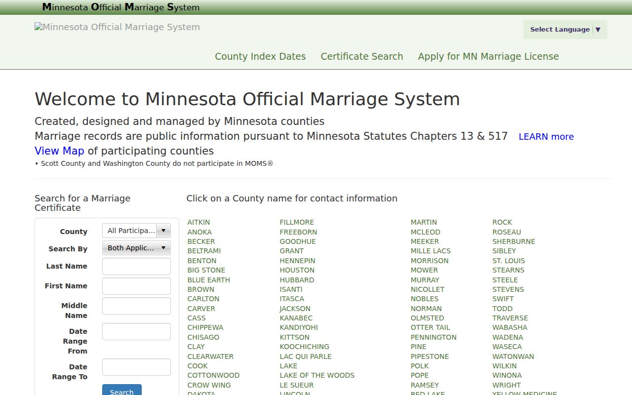 Willmar resident lookup through the Minnesota Official Marriage System