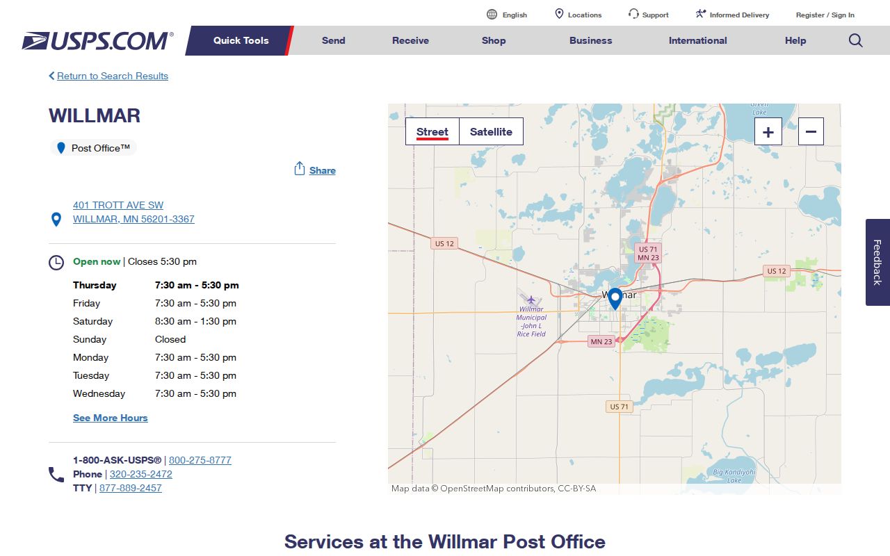Willmar ZIP code directory source showing the USPS Willmar Post Office